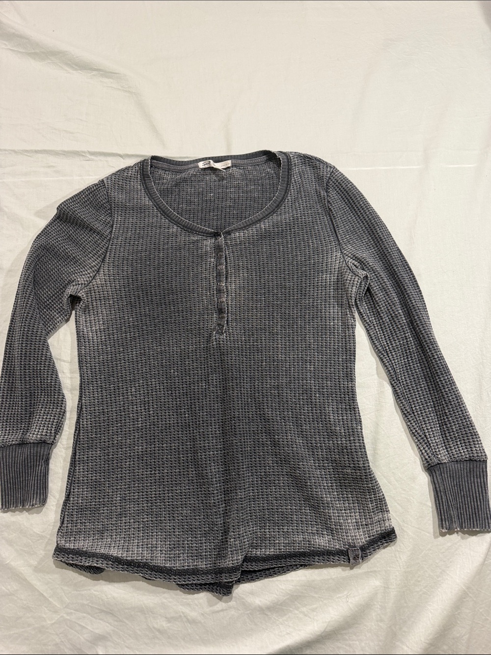 Seven7 Waffle-Knit Henley Long Sleeve Top - Charcoal